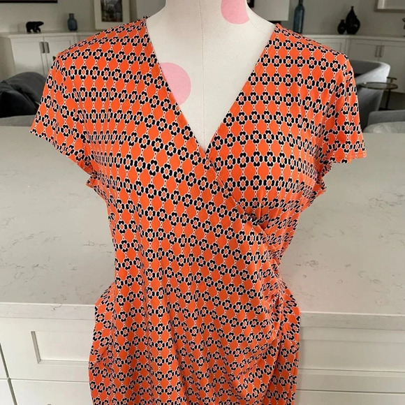 Jones New York Signature Petite Cap Sleeve Print Faux Wrap Dress Orange Sz MP - Picture 2 of 10